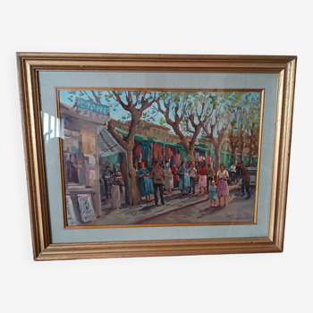 Peinture à l'huile sur isorel des années 1960, marché américain de Livourne, Sergio Difficili