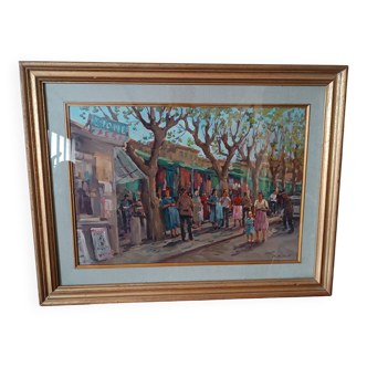 Oil painting on masonite from the 1960s, American market in Livorno, Sergio Difficili