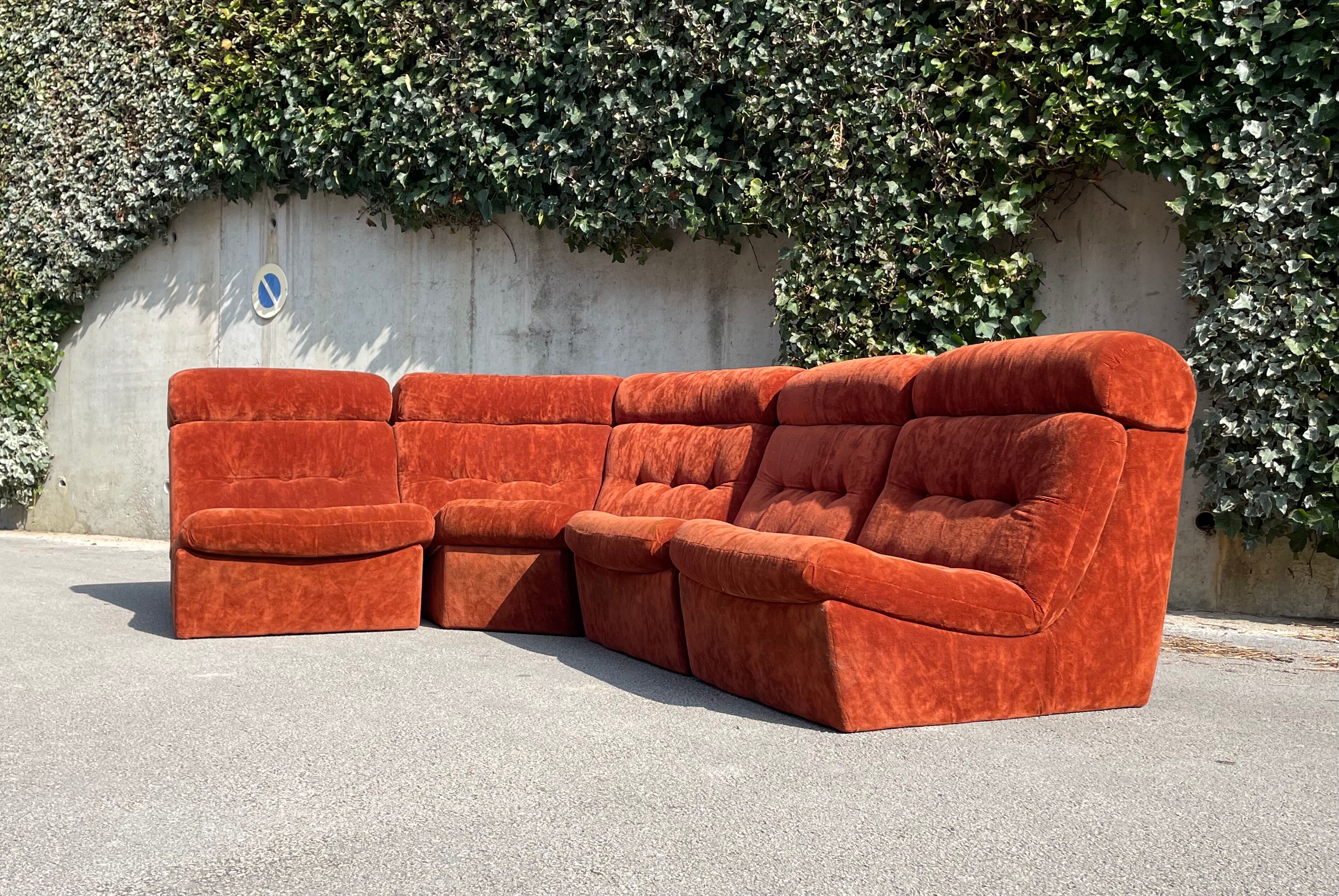Modular sofa in rusty velvet, France 1970s