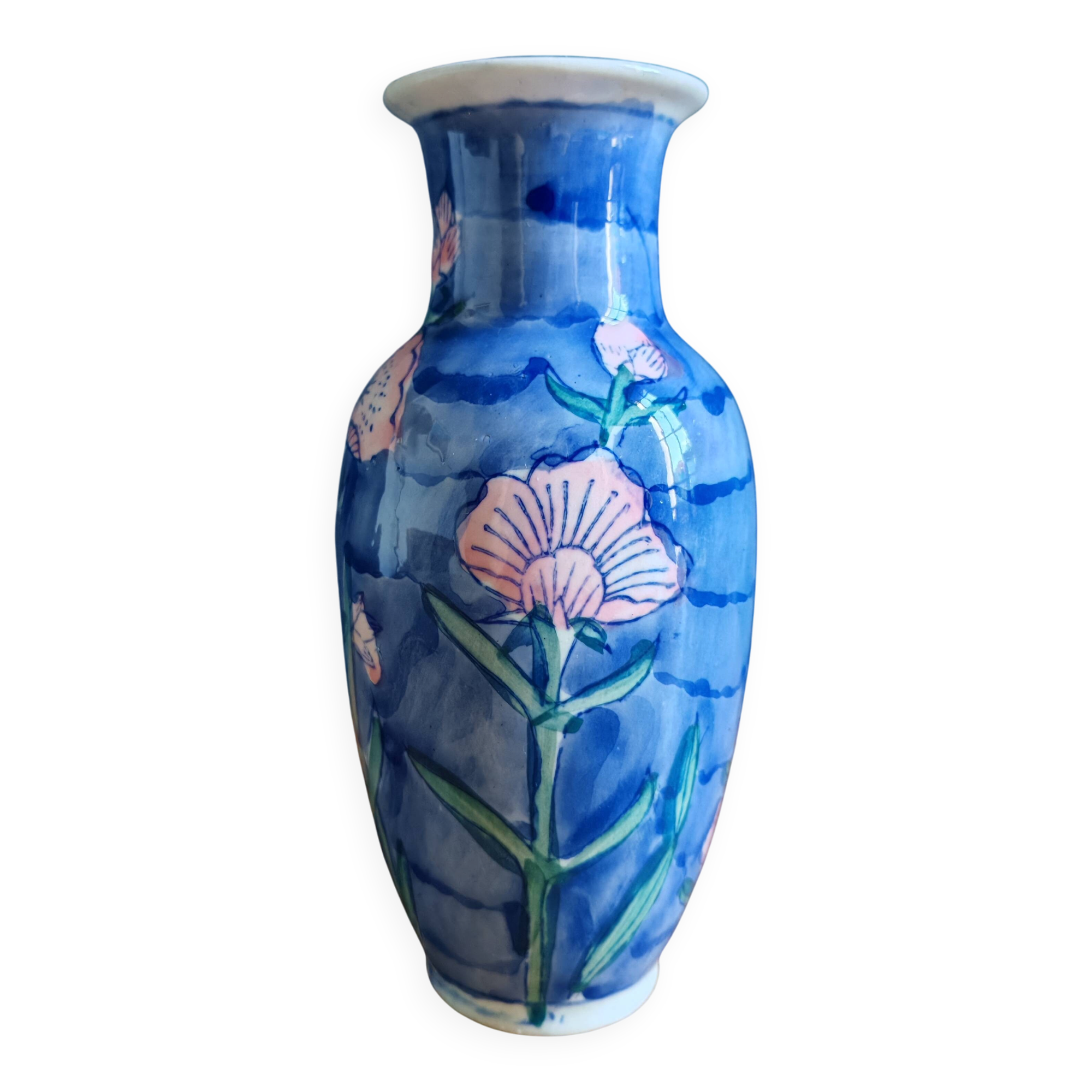 Vintage Blue Ceramic Vase with Pink Floral Decoration, Shabby Chic Style