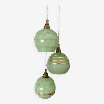 Vintage art deco triple globe pendant light in green and gold glass