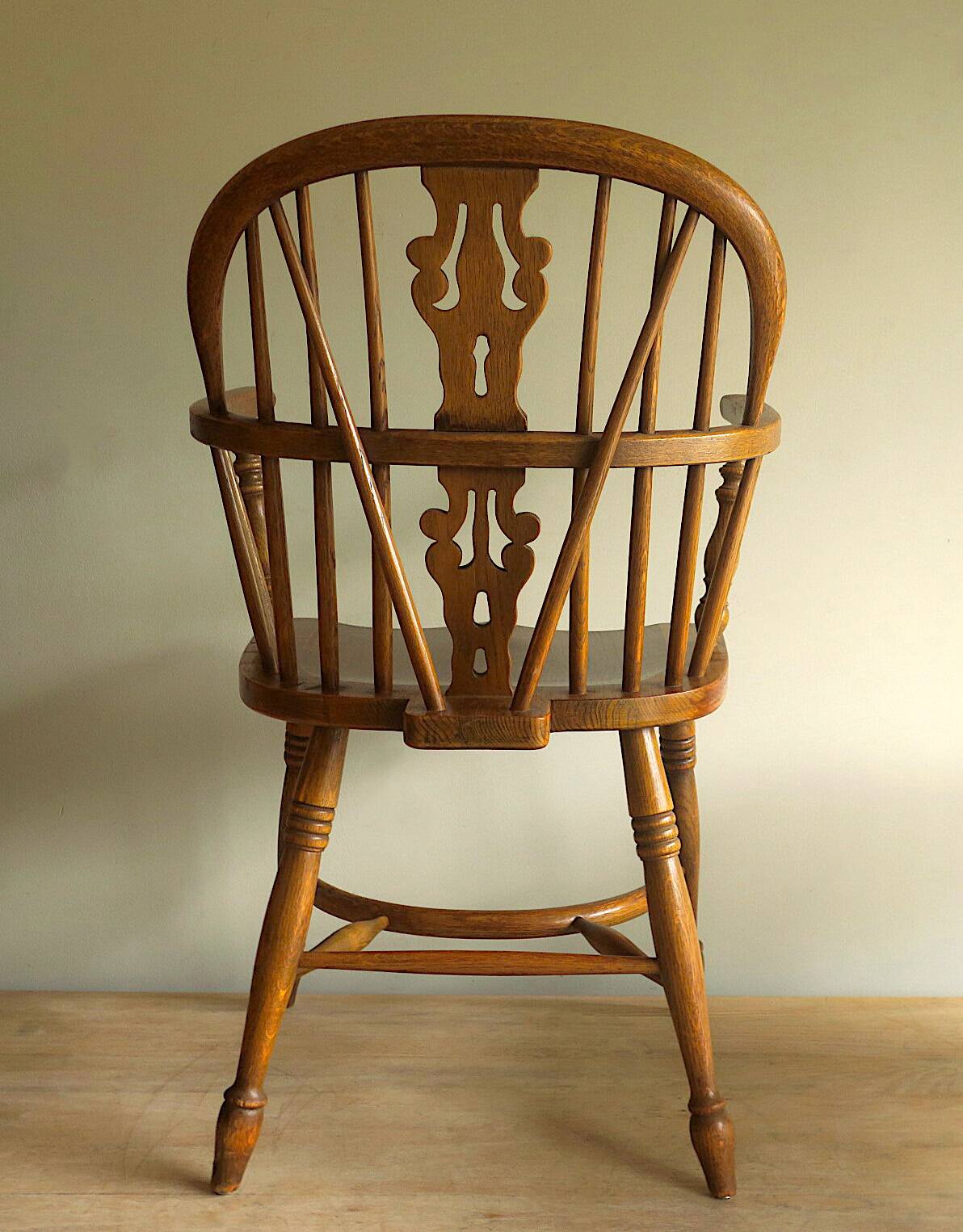Mid century solid oak lyre-back Windsor elbow armchair, 1960s