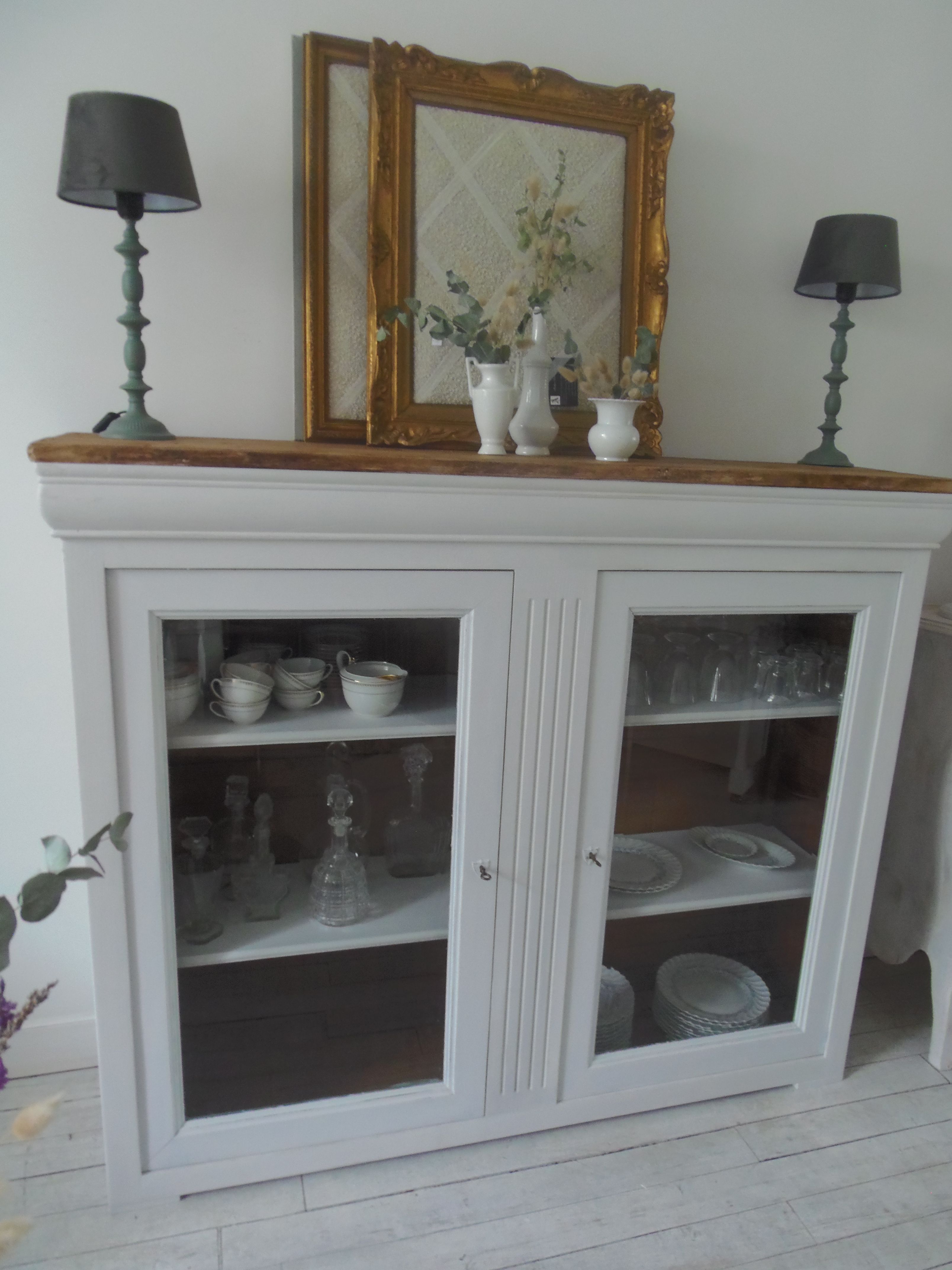 Showcase, bookcase, dresser style louis philippe patinated pearl gray, 2 glass doors.