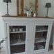 Showcase, bookcase, dresser style louis philippe patinated pearl gray, 2 glass doors.