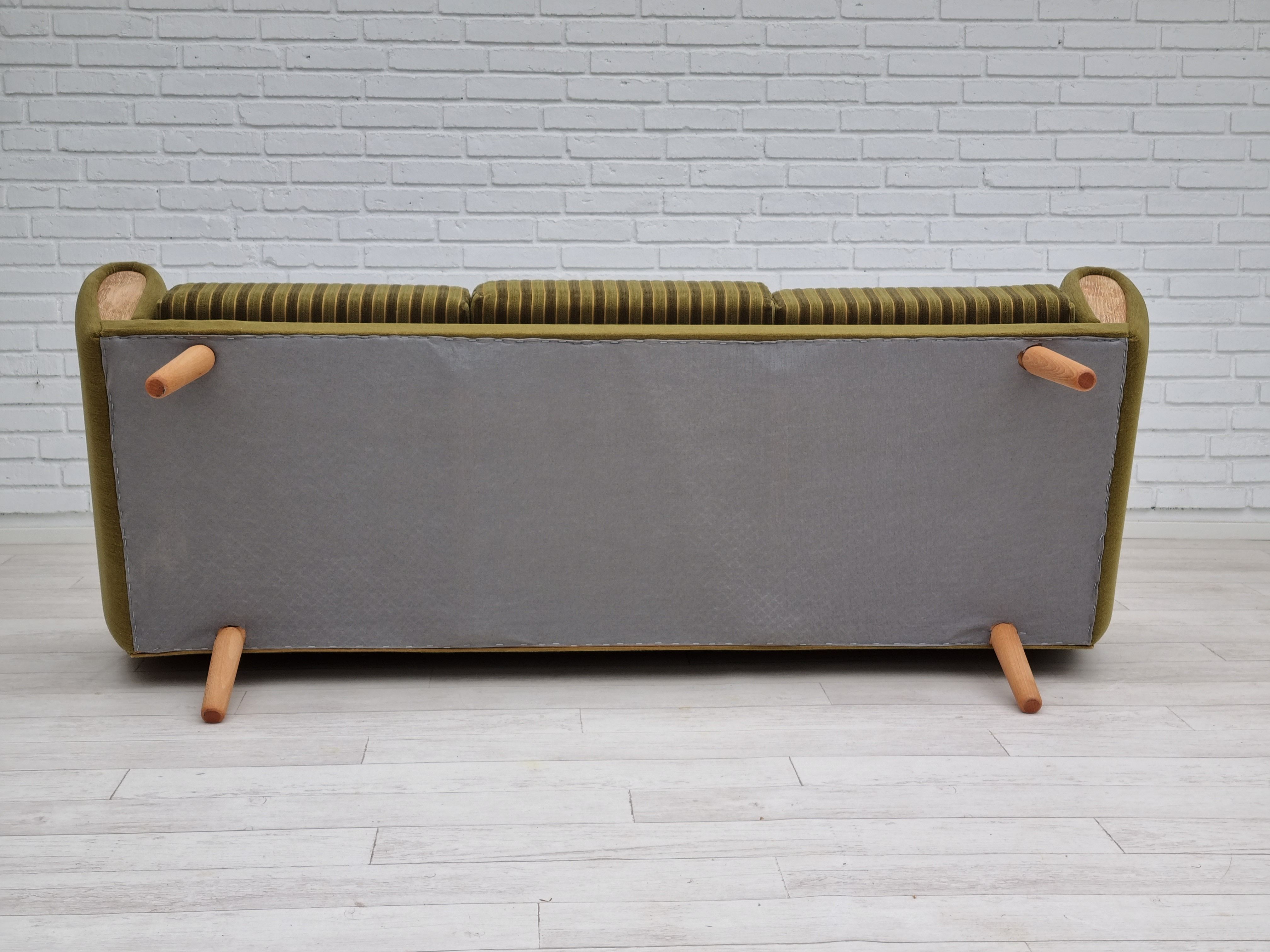 1970s, Danish 3-seater sofa, original very good condition, green furniture fabric, oak