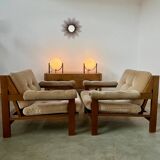 Pair of lounge chairs in wood and designer fabric from the 60s vintage Scandinavian look