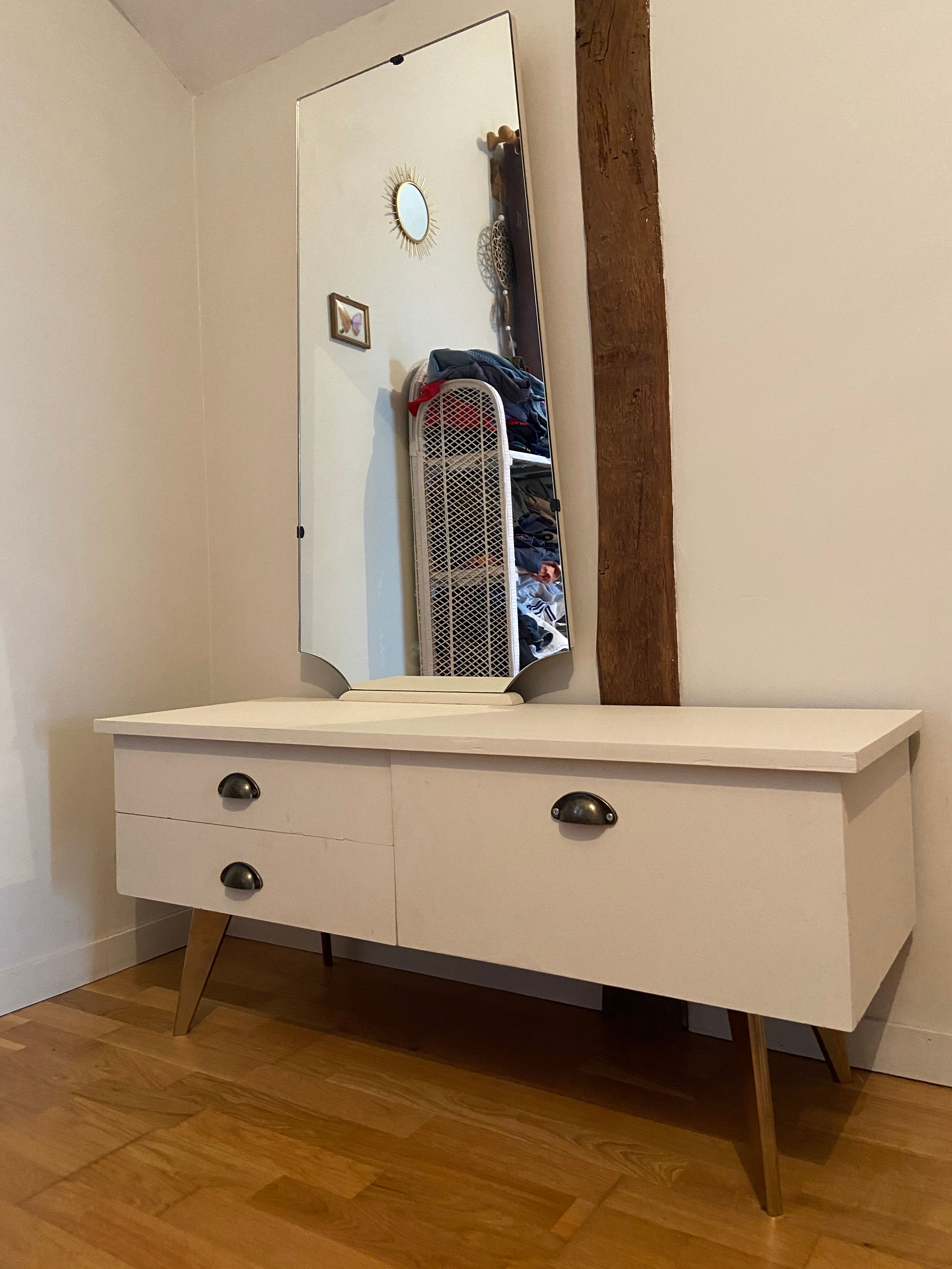 Vintage wooden dressing table with beveled mirror