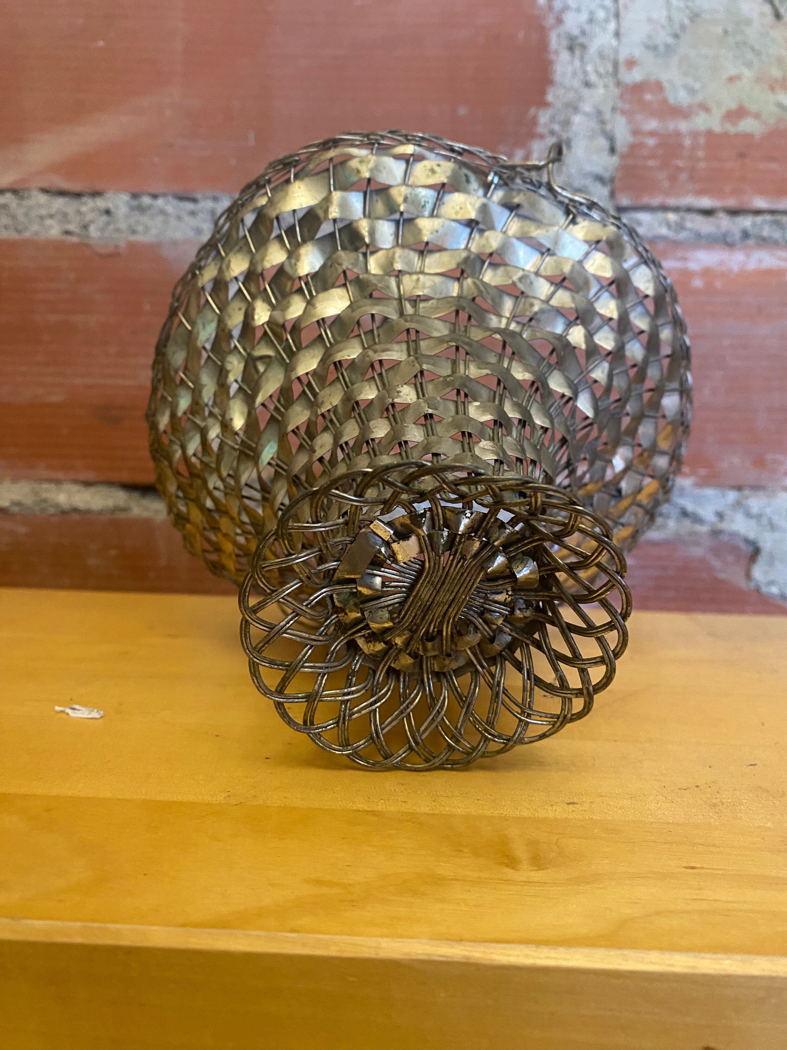 Panier Tressé Ancien Metal Argenté Vintage #E015