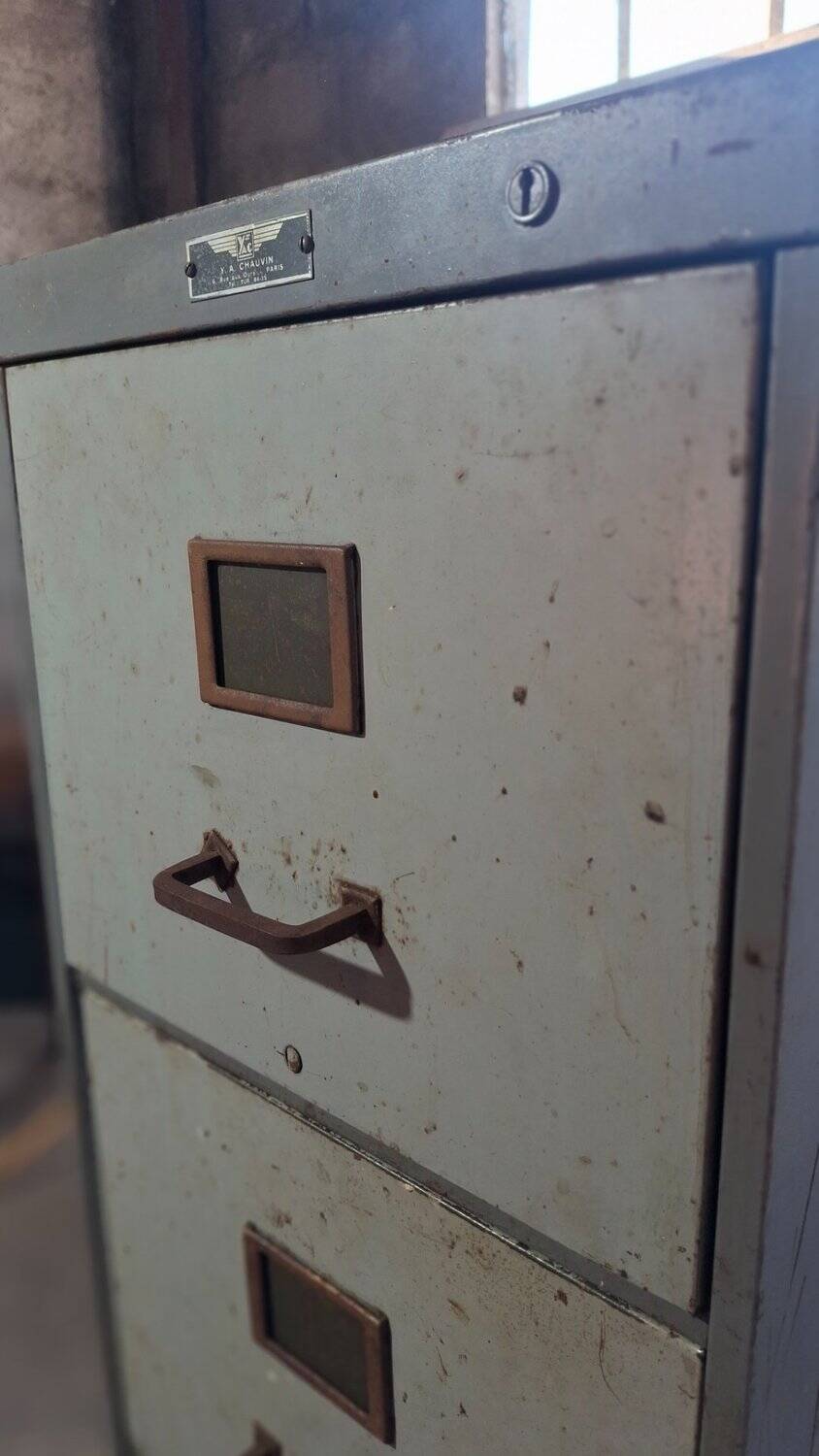 Industrial metal drawer cabinet Y.A. Chauvin Paris 1940s