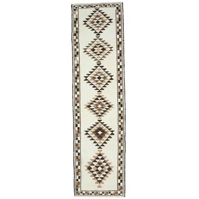 Vintage Turkish Oushak Handmade Wool Cotton White Runner Rug 90x338