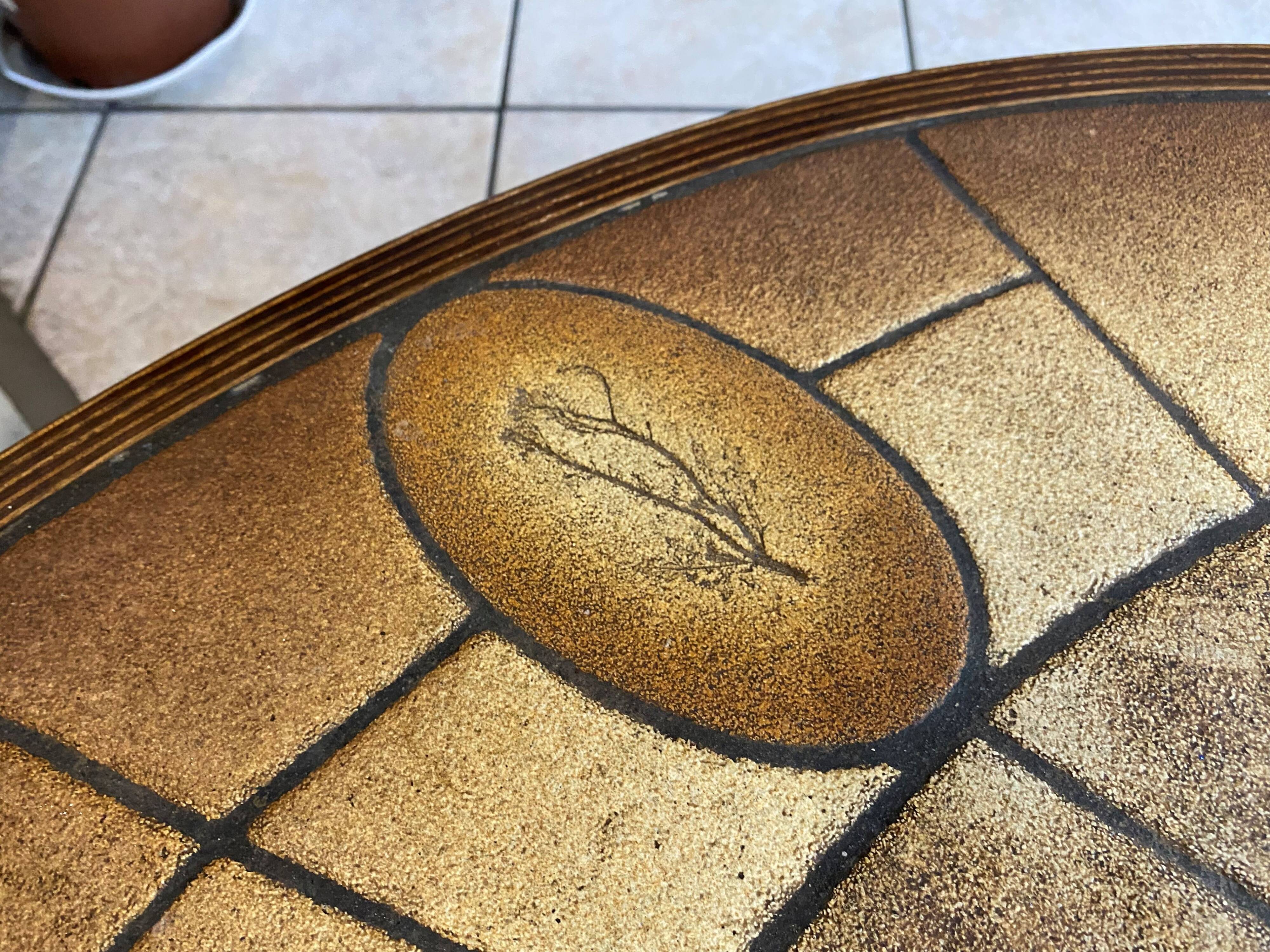Oval round coffee table ceramic Barrois Vallauris from 1960 herbarium model