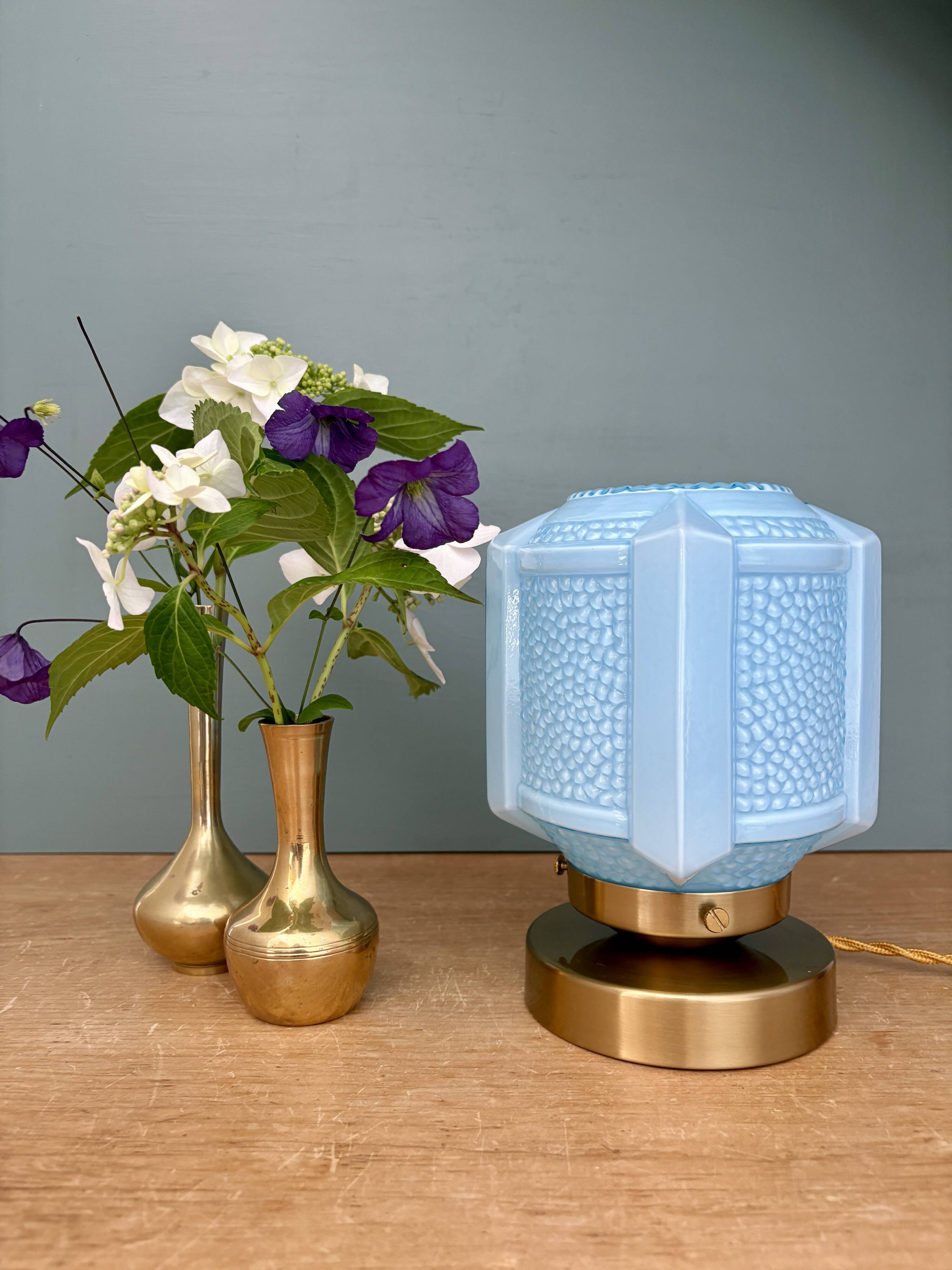 Vintage art deco globe table lamp in blue opaline