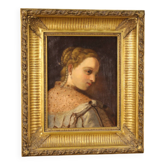 Peinture huile sur toile portrait d'une jeune noble du 19ème siècle