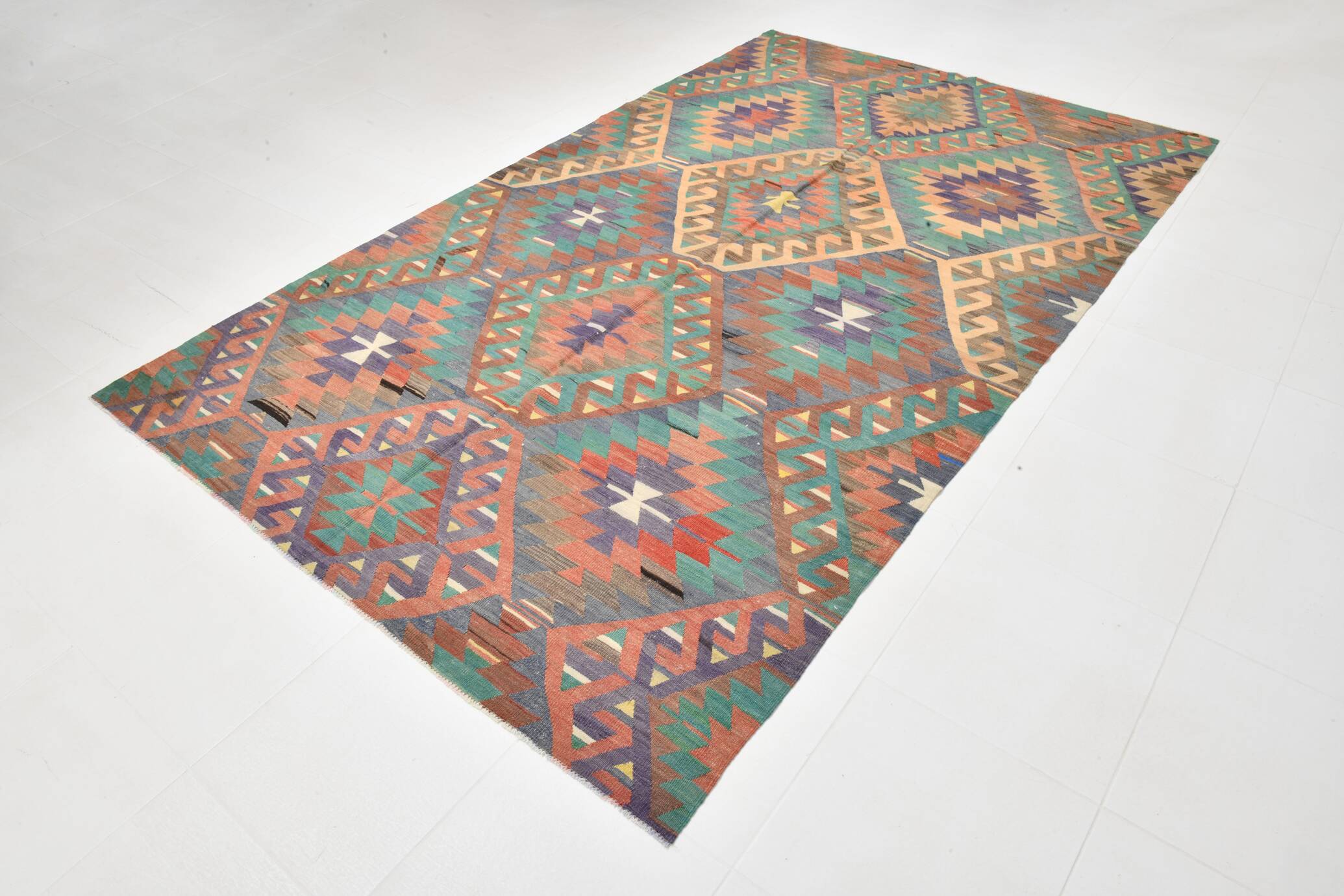 6x10 Green & Purple Vintage Kilim Rug, Modern Oushak Rug, 181x291Cm