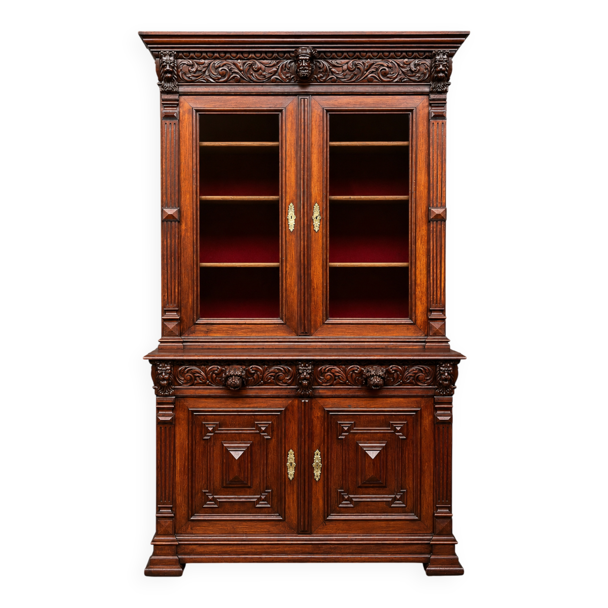 Library and buffet in antique Renaissance style. Beautiful sculptures. Solid oak. France. 19th century.