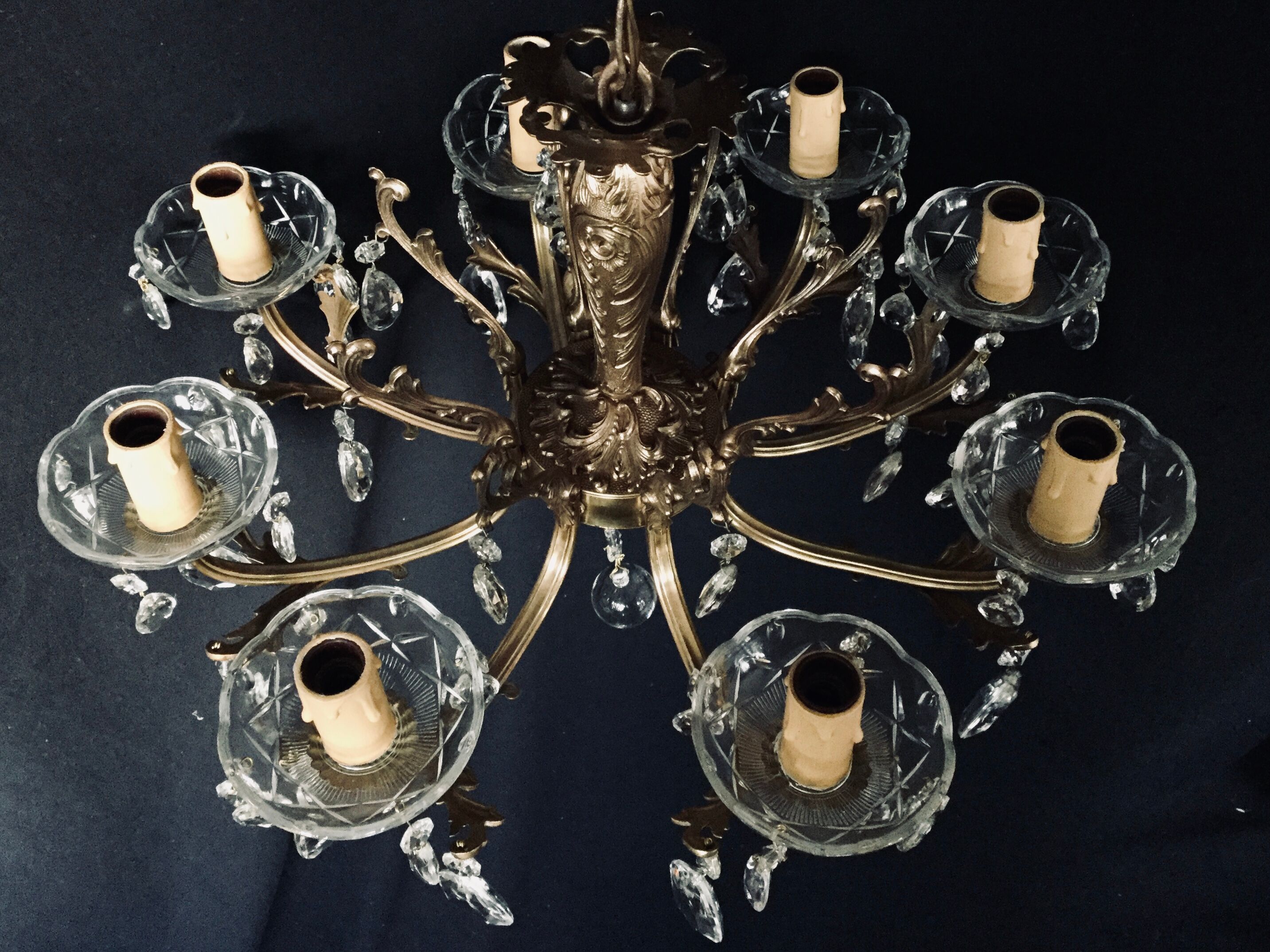 8 lights, crystal, bronze and brass chandelier