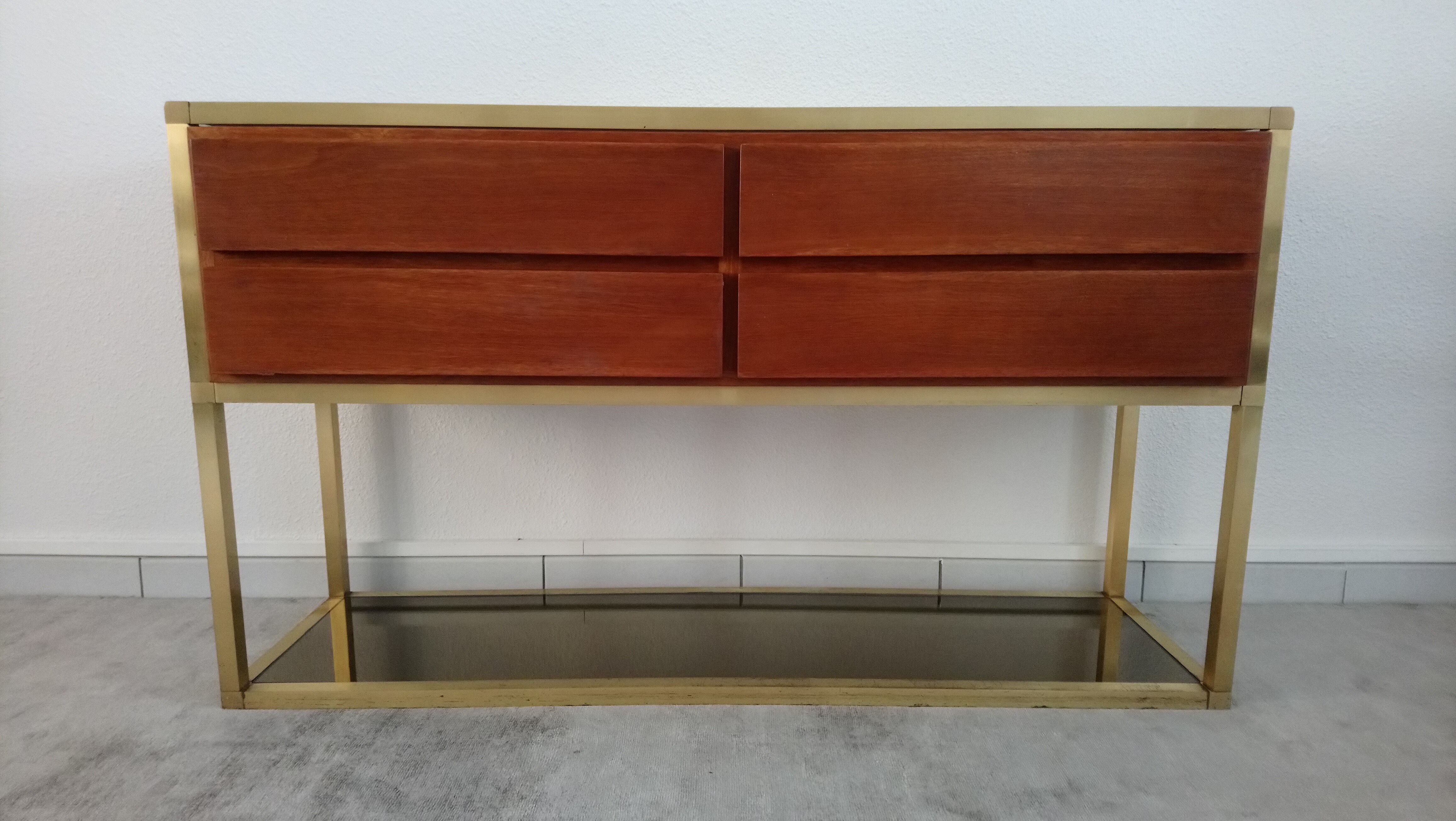 Console à tiroirs en laiton et bois années 70