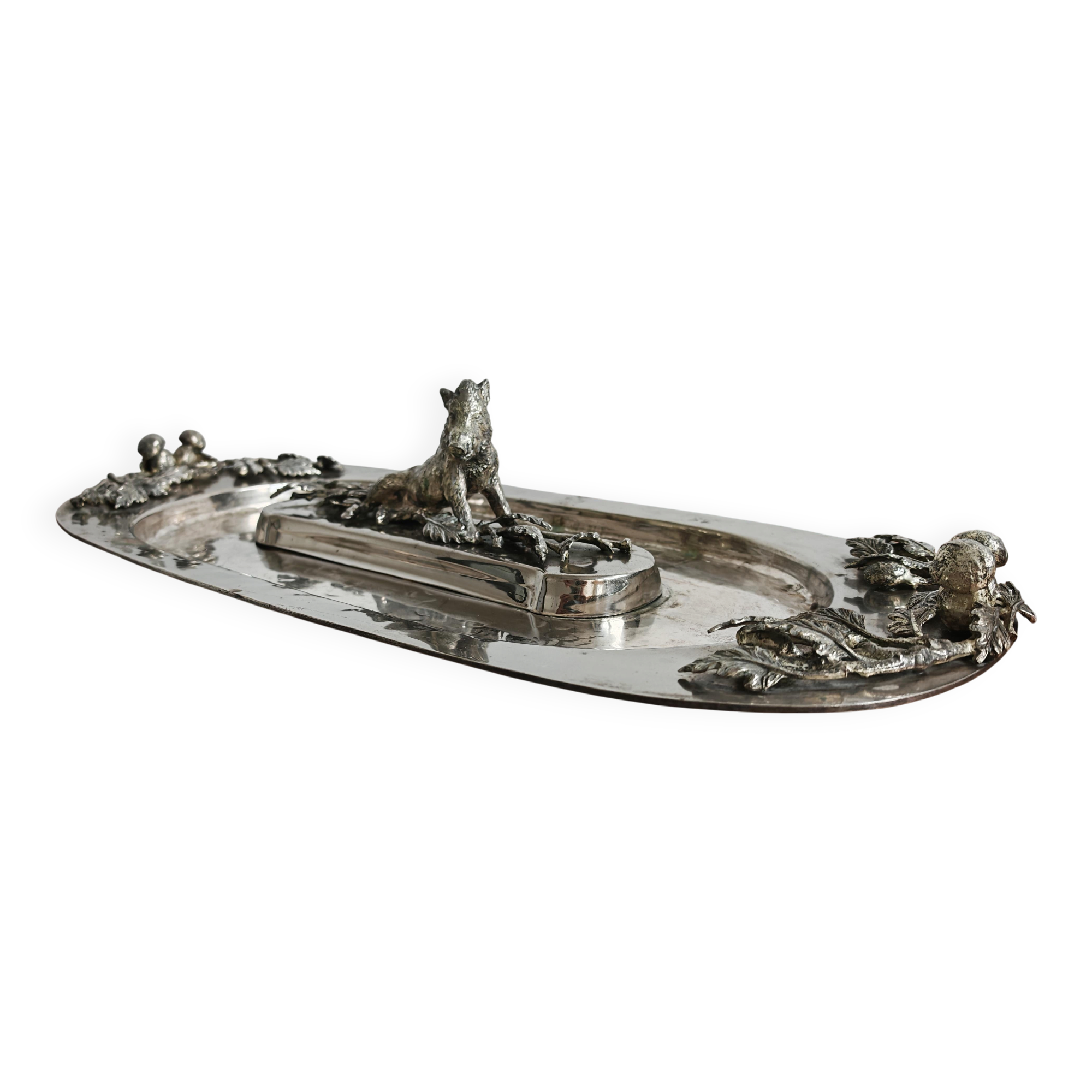 Silver serving dish by Franco Lapini with boar sculpture.