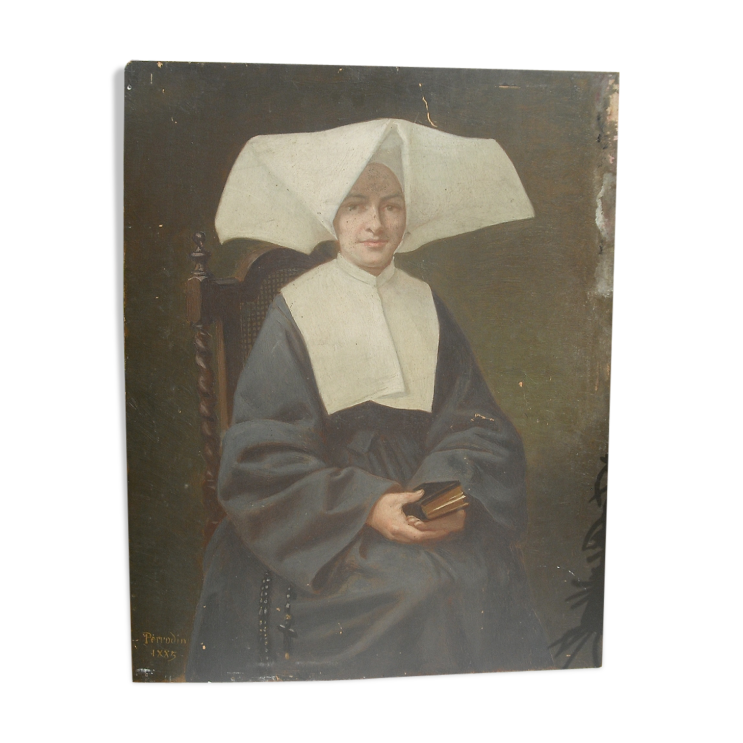 Signed portrait - Horned nun 42.5 / 32.5 on panel