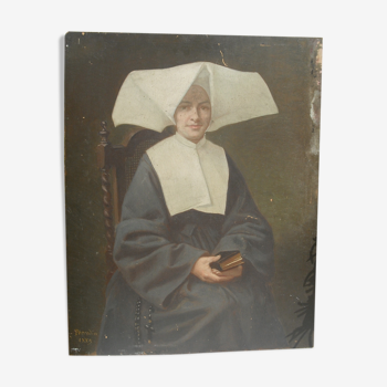 Portrait signé "Nonne à cornette" sur panneau