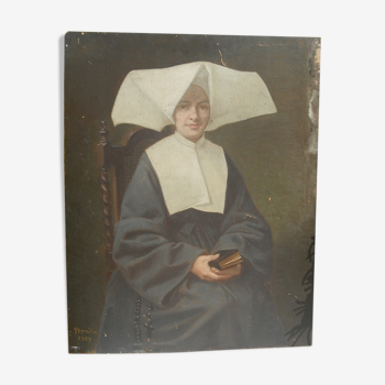 Signed portrait - Horned nun 42.5 / 32.5 on panel