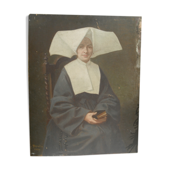 Signed portrait - Horned nun 42.5 / 32.5 on panel