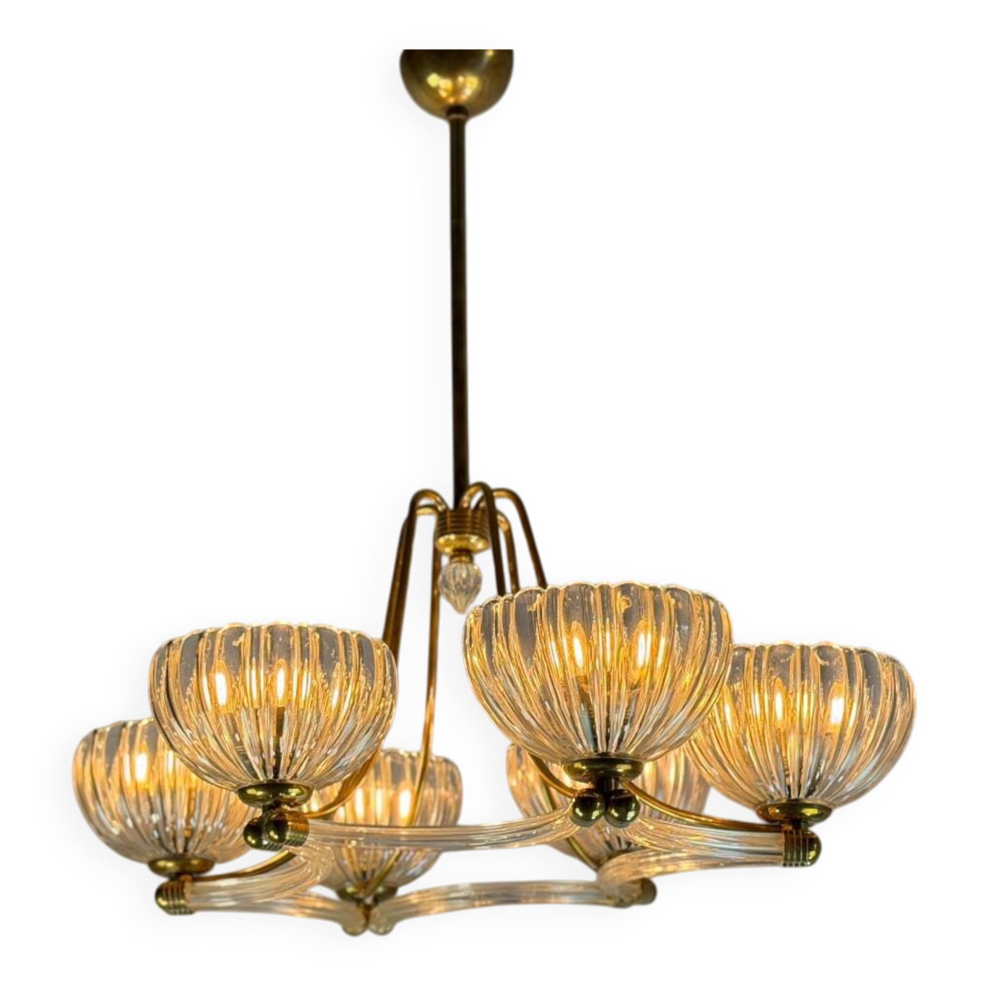 Venetian chandelier in colourless Murano glass and brass, circa 1940.