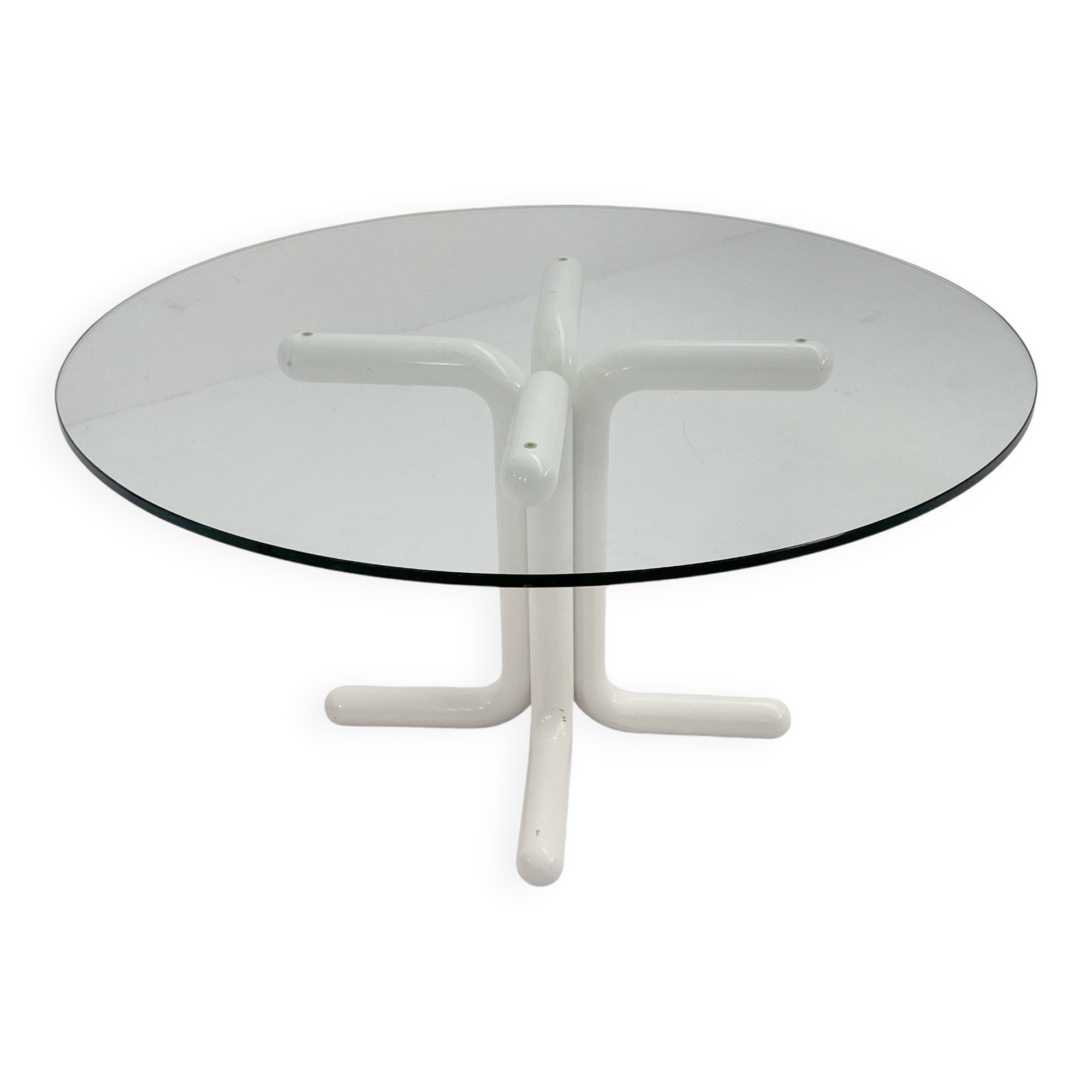135 cm dining table with thick rounded white wooden legs and glass top, 1980