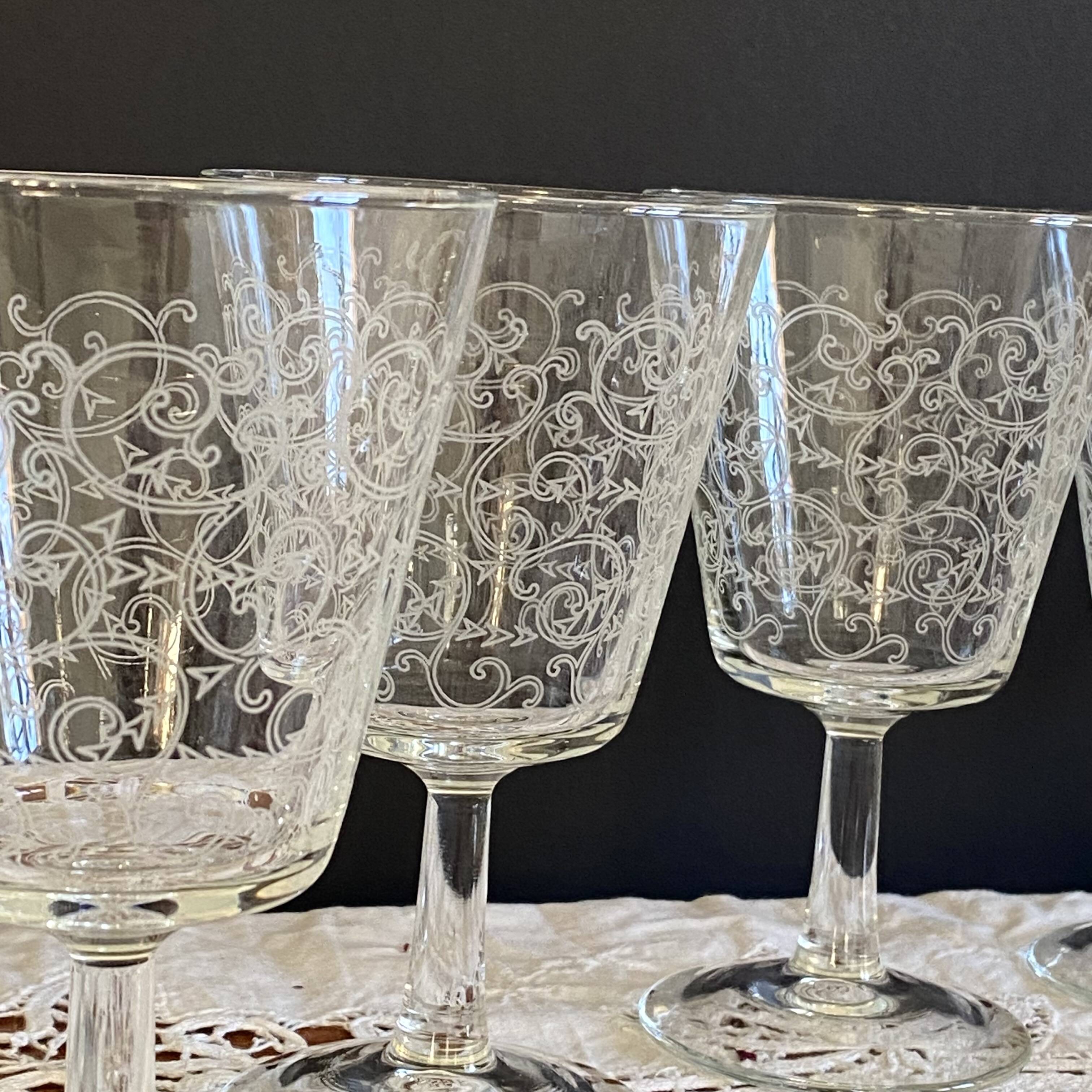 6 large antique wine or water glasses engraved with arabesques