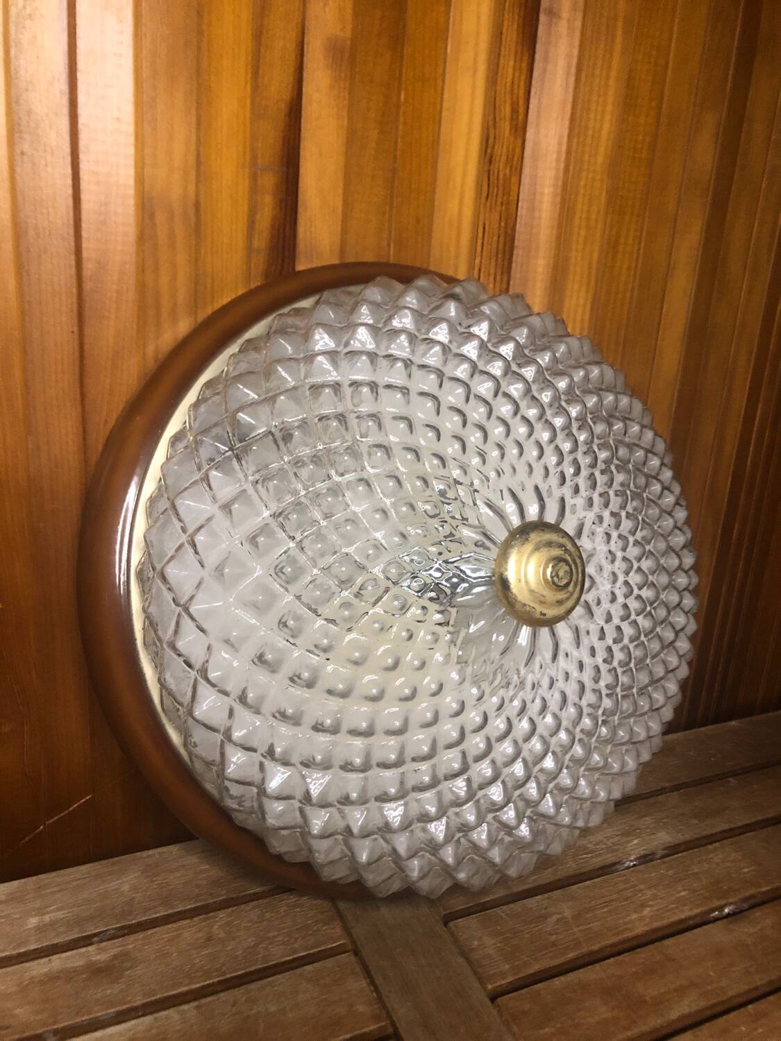 Old molded glass ceiling light + brown & gold metal contour vintage
