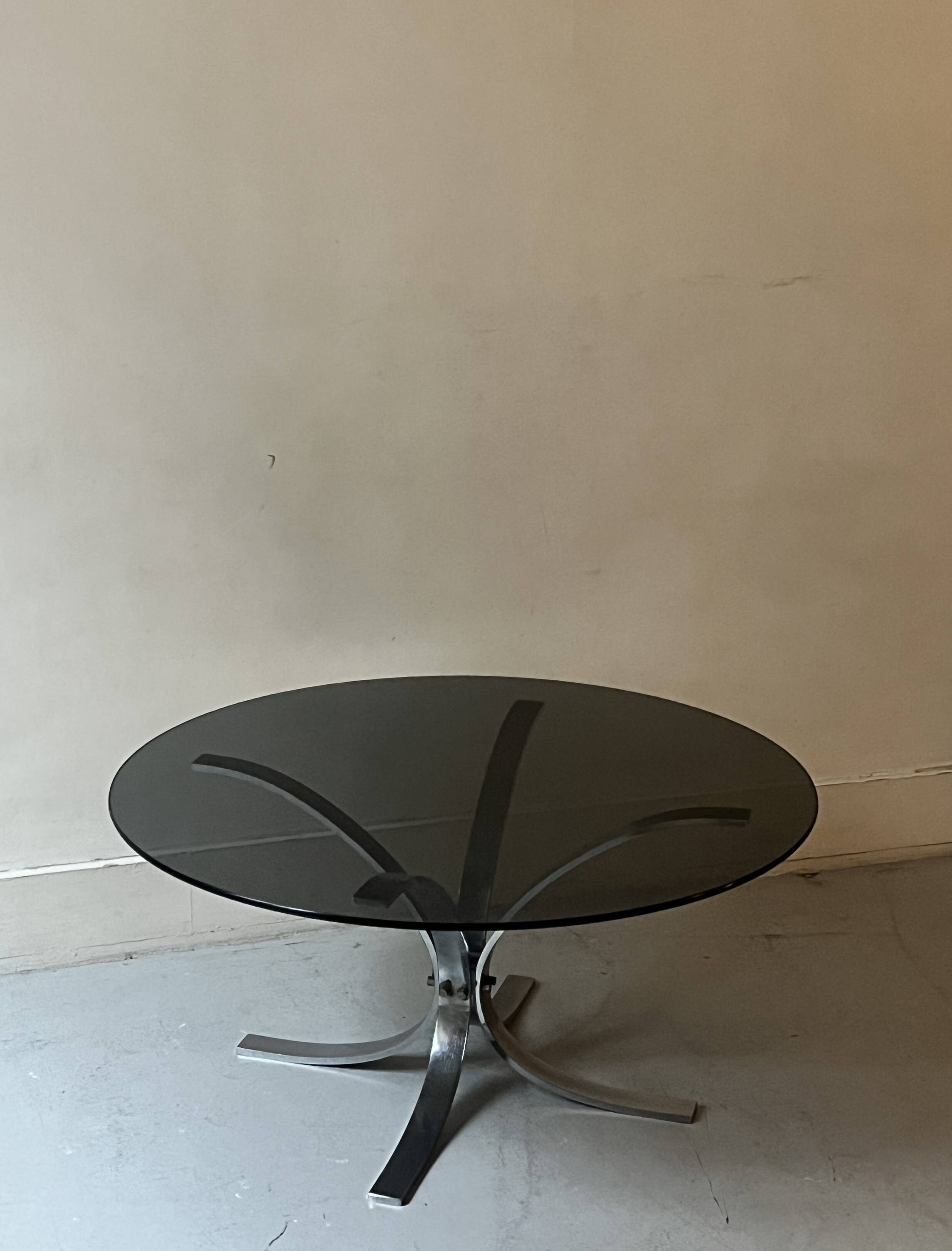 tulip coffee table in chromed metal and smoked glass, 1970s design