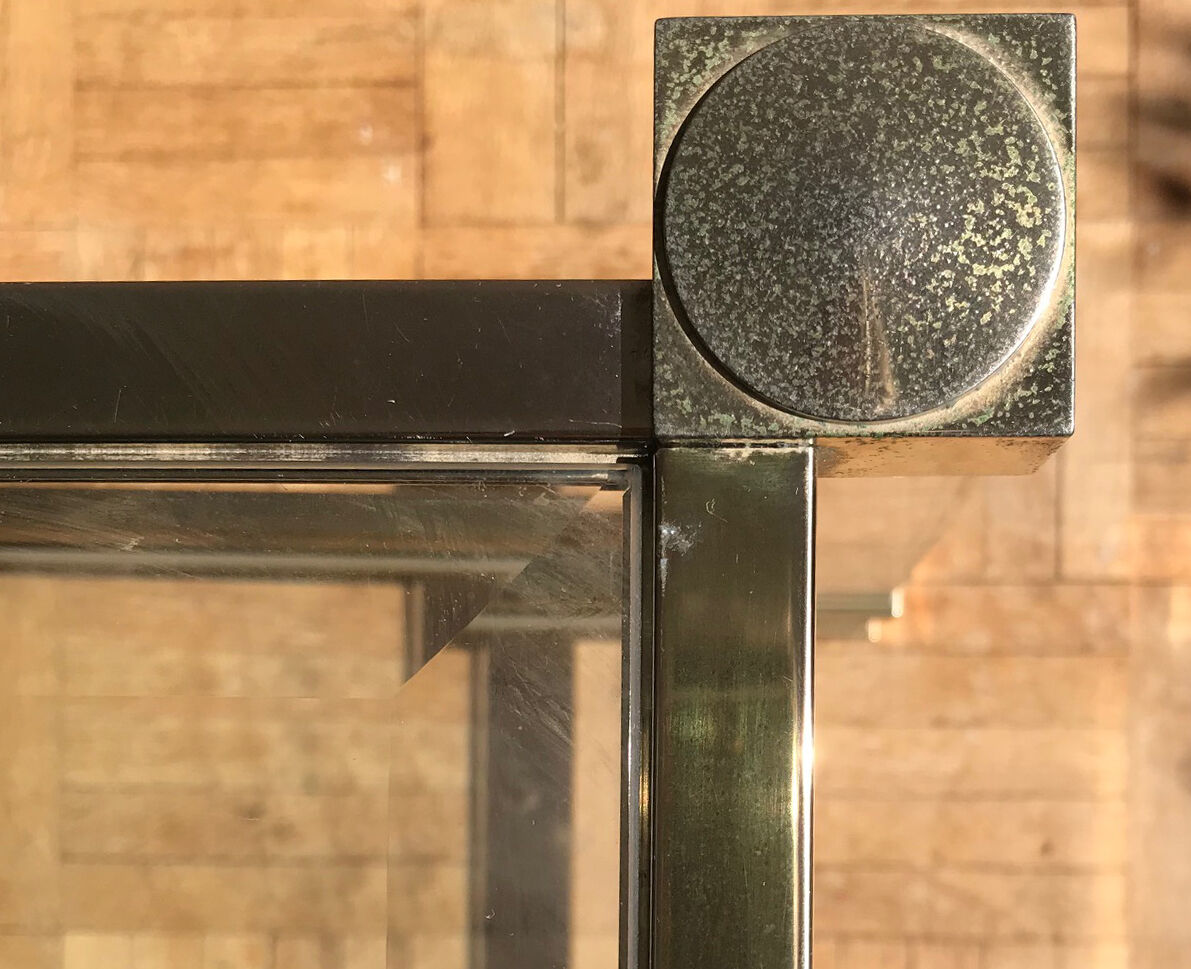 Square plexiglass coffee table, brass and glass Pierre Vandel
