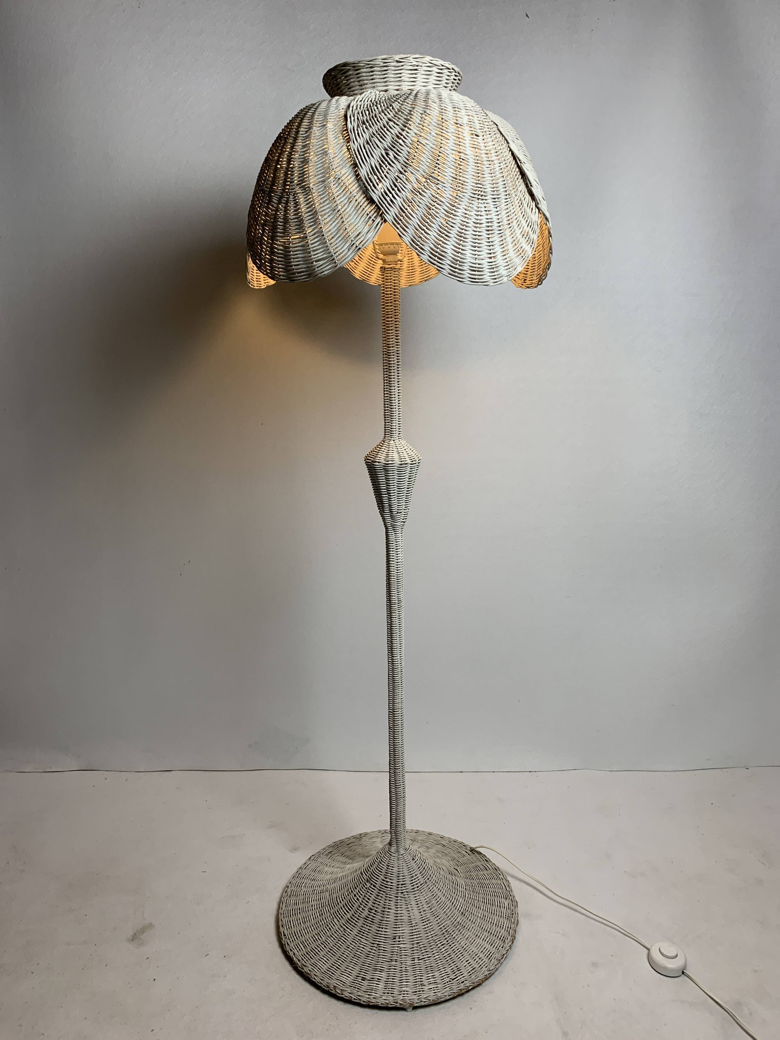 Mid-century French rattan wicker boho floor lamp, 1950s-1960s