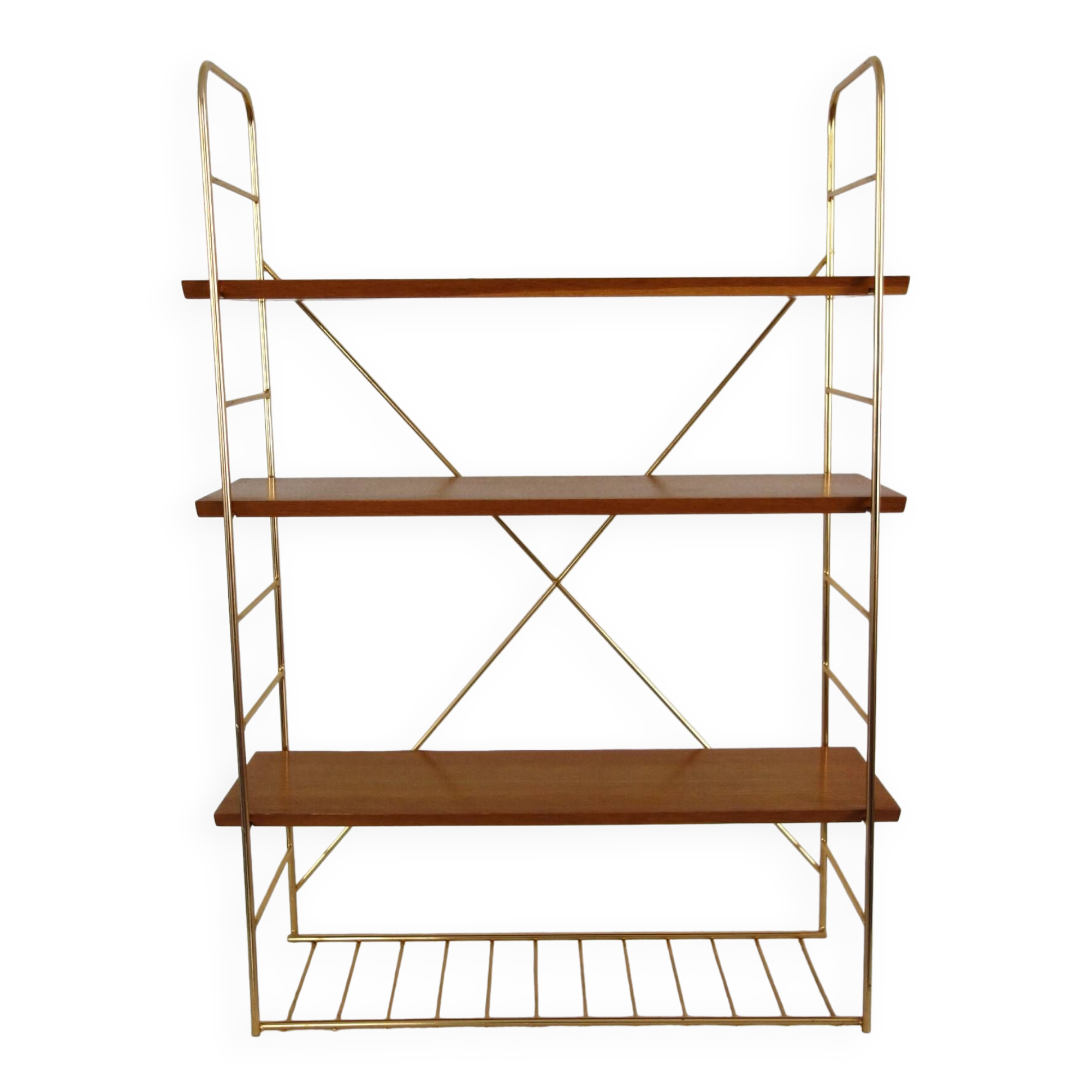 String wall shelf in gold metal and wood from the 60s