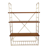 String wall shelf in gold metal and wood from the 60s