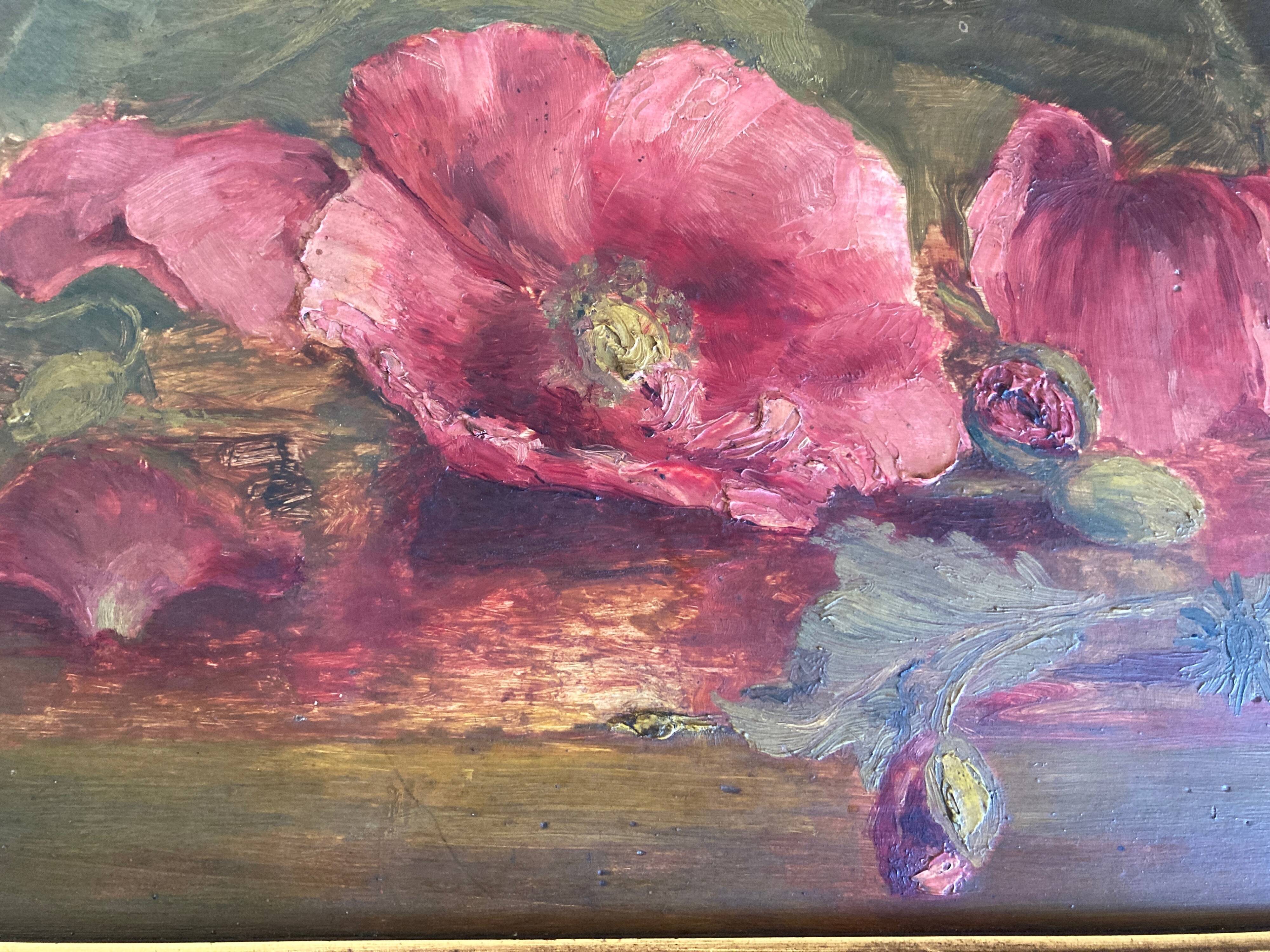 Les pavots huile sur bois portrait de fleurs 19e