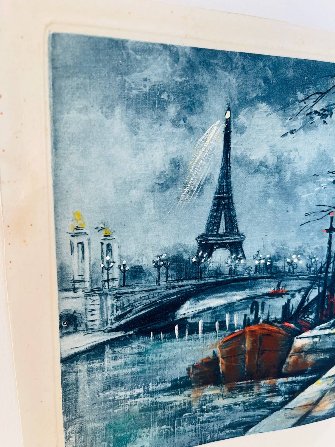 Old colour etching – View of Paris and the Eiffel Tower