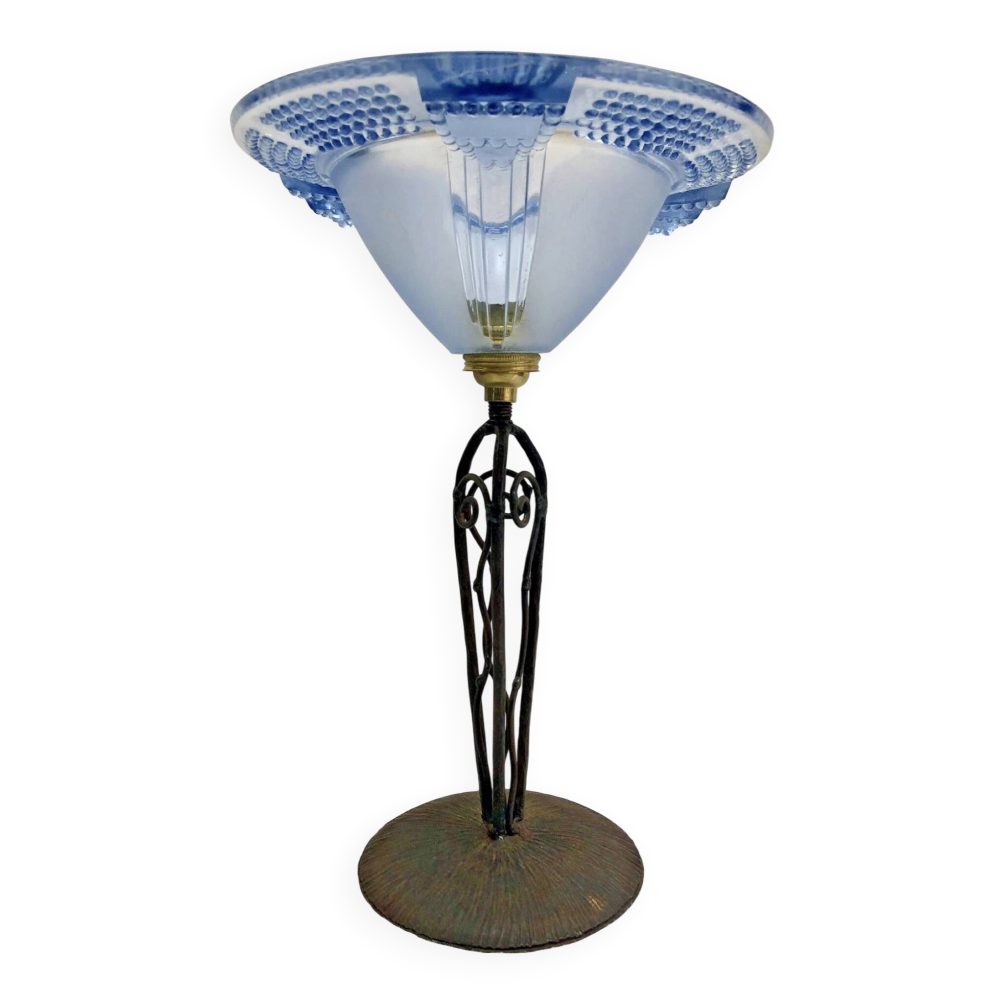 Antique Art Deco lamp from the 1930s, wrought iron with a blue basin in the Ezan style.