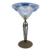 Ancienne lampe art déco 1930 fer forgé vasque bleue style Ezan