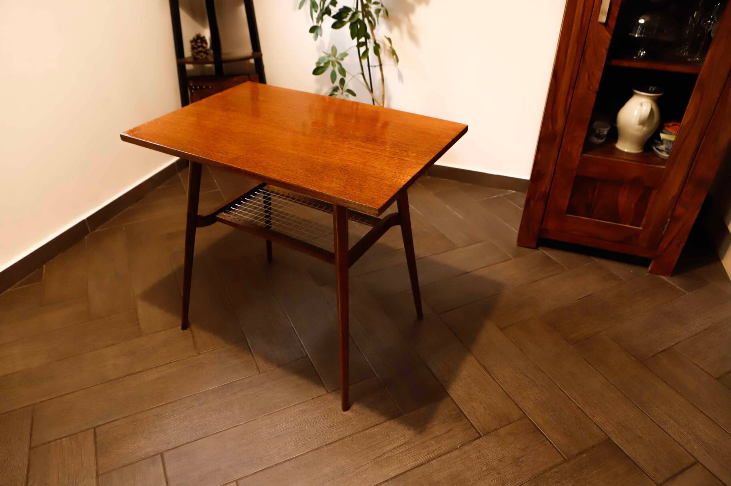 Brussels style retro table with woven shelf – Dřevopodnik Holešov, 1960s