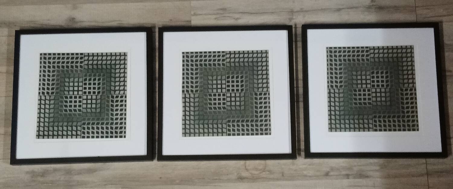 Trio Vintage Optical Art Tableaux - Victor Vasarely - Frames 40x40cm