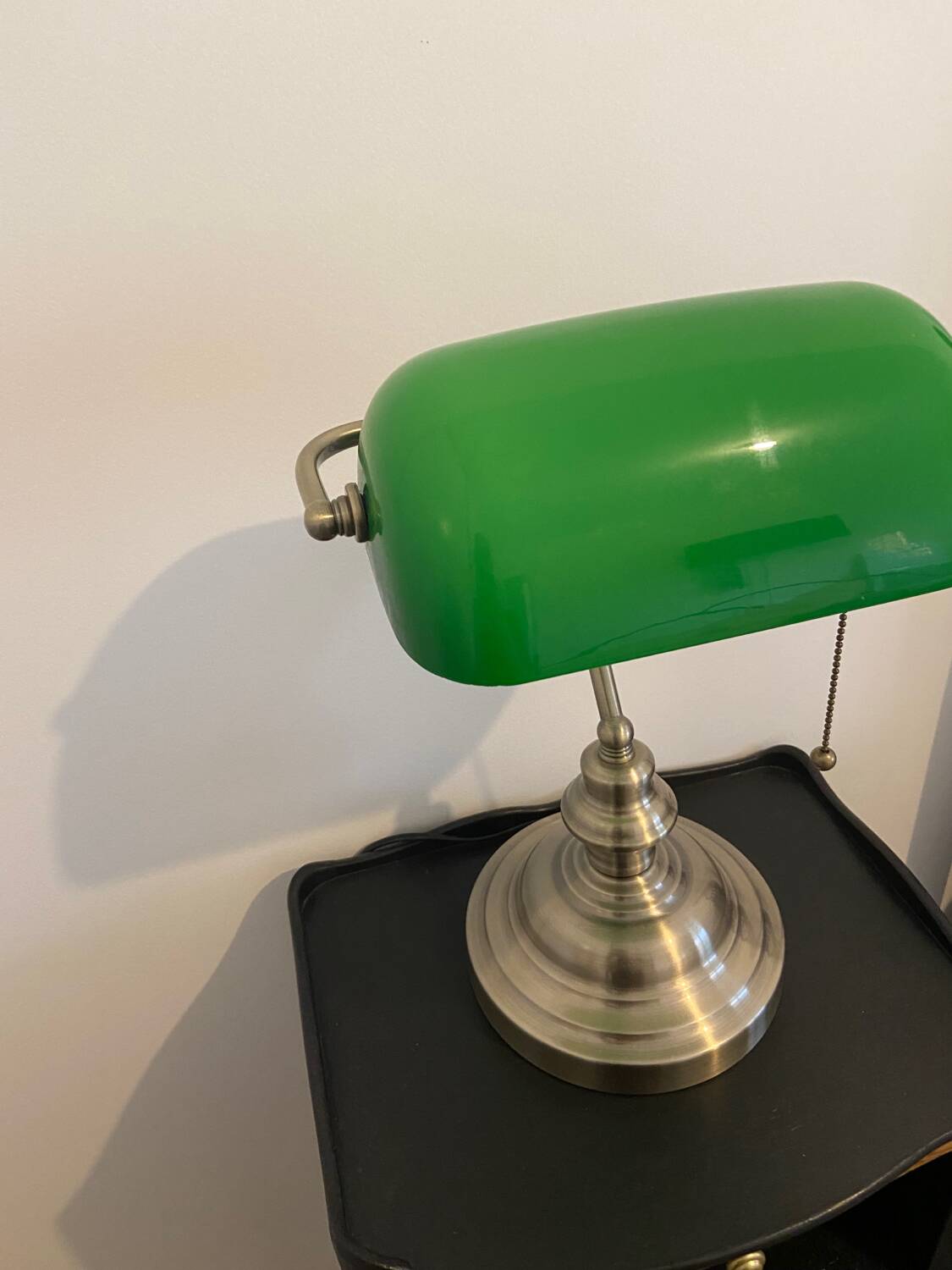 Antique banker's lamp in bronze and green opaline, Art Deco