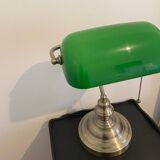 Lampe de banquier ancienne en bronze et opaline verte, Art Déco
