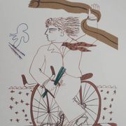 Alekos FASSIANOS: Elegant man on a bicycle, signed lithograph.