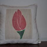 Vintage cream tulip cushion in linen with floral appliqué, 50x50 cm