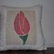 Vintage cream tulip cushion in linen with floral appliqué, 50x50 cm
