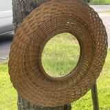 Large vintage mirror 1970 in woven wood, wicker rattan diameter 54 cm