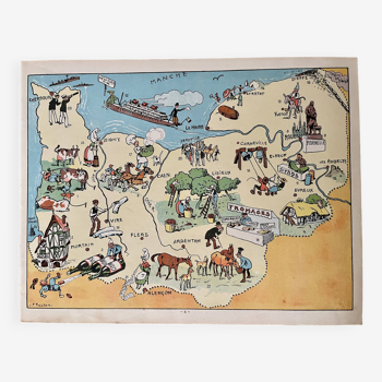 Affiche ancienne carte illustrée de la Normandie 1935 - JP Pinchon
