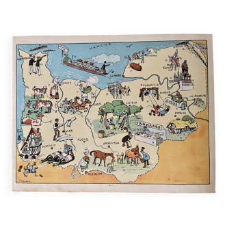 Affiche ancienne carte illustrée de la Normandie 1935 - JP Pinchon