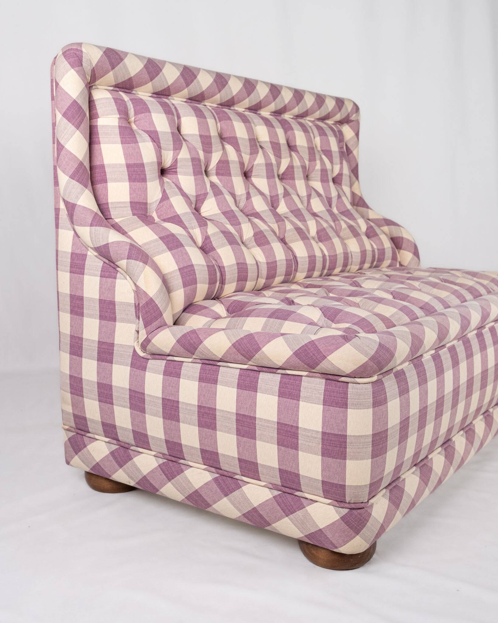 Upholstered bench in mauve and cream Vichy fabric, France, 1970s
